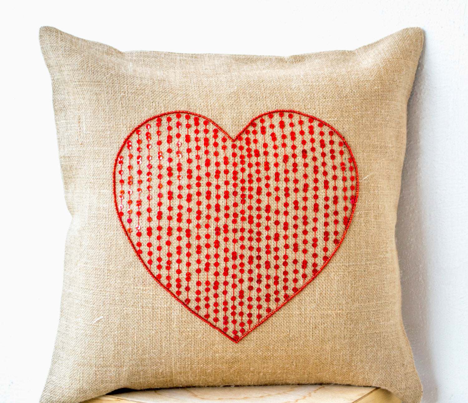 Gracious Love Large Heart Burlap Pillow Cover Embellished In Red Sequin