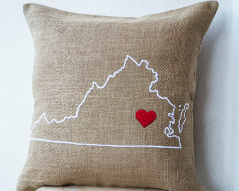 Handmade burlap pillow cover with state map