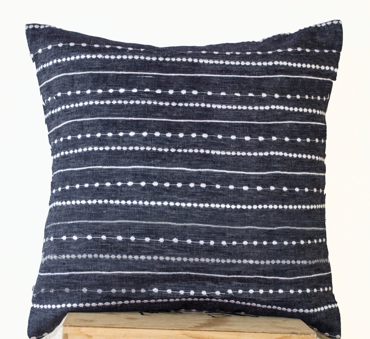 Handmade blue linen denim pillow cover with white embroidery