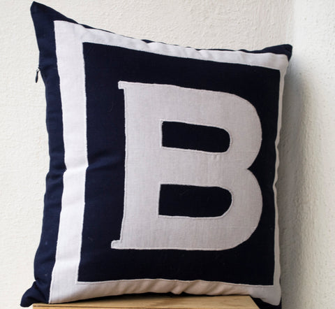 Handmade personalized navy blue pillow cover with monogram
