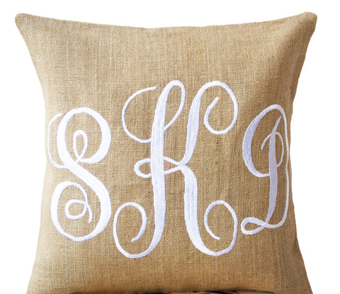 Handmade burlap throw pillow with monogram