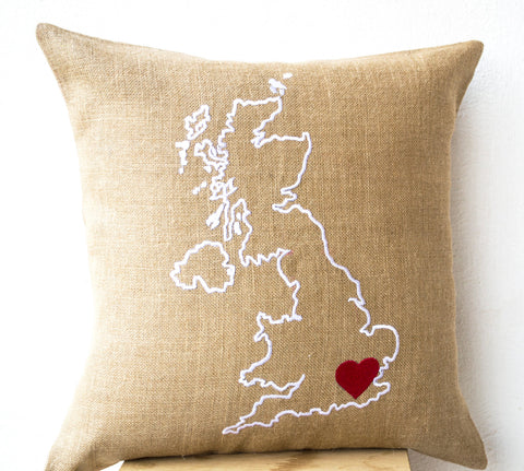 Handmade burlap pillow with country map