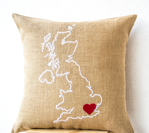 Handmade burlap pillow with country map