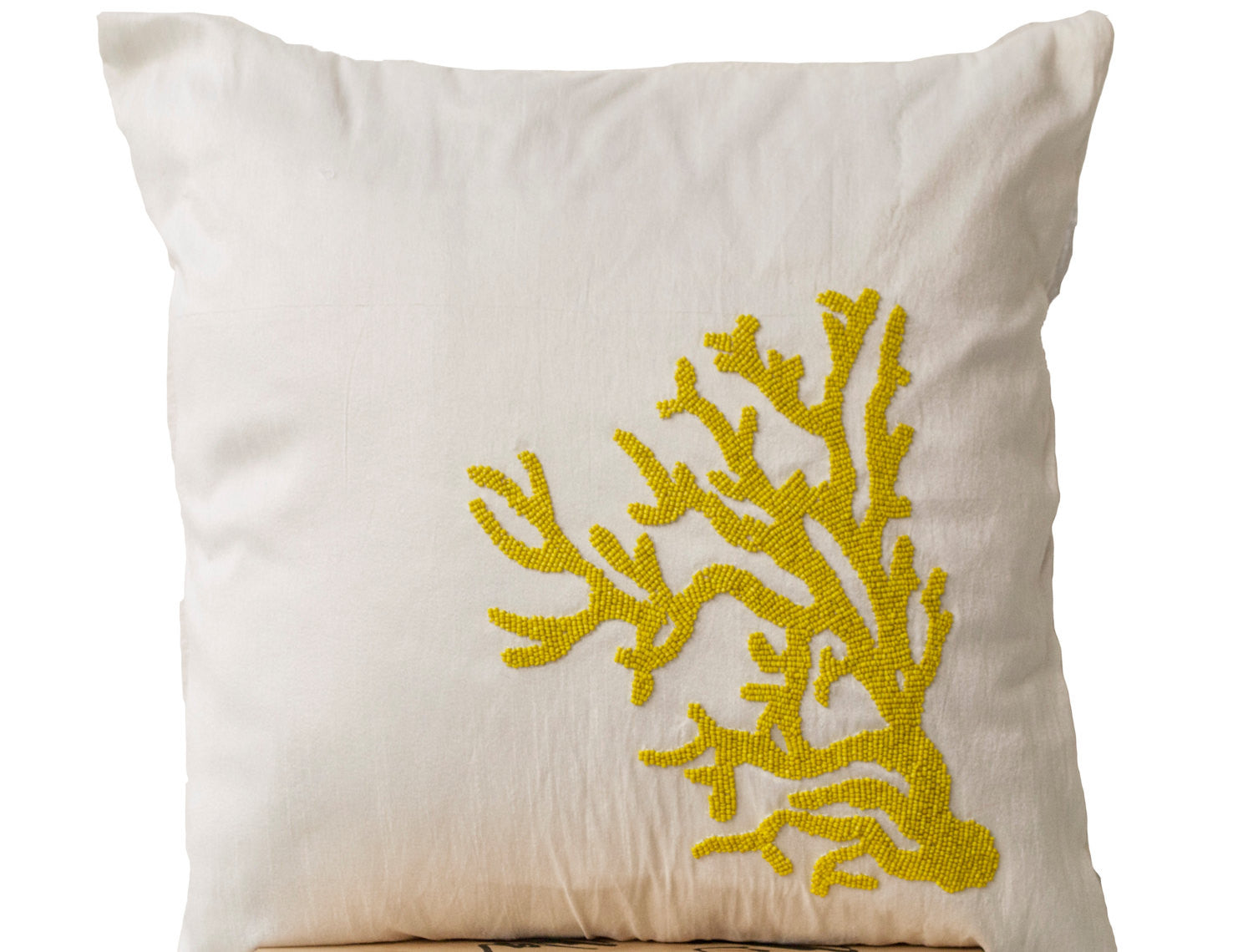 Handmade white silk pillow cover with yellow coral beads