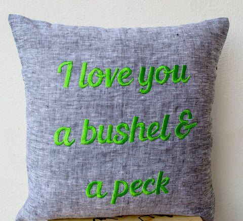 Handmade linen gray pillow covers with custom message and embroidery