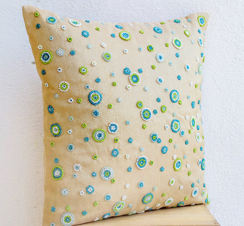Handmade beige throw pillow with geometric circles design