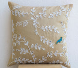 Handmade beige white silk pillow cover with beads and sequin