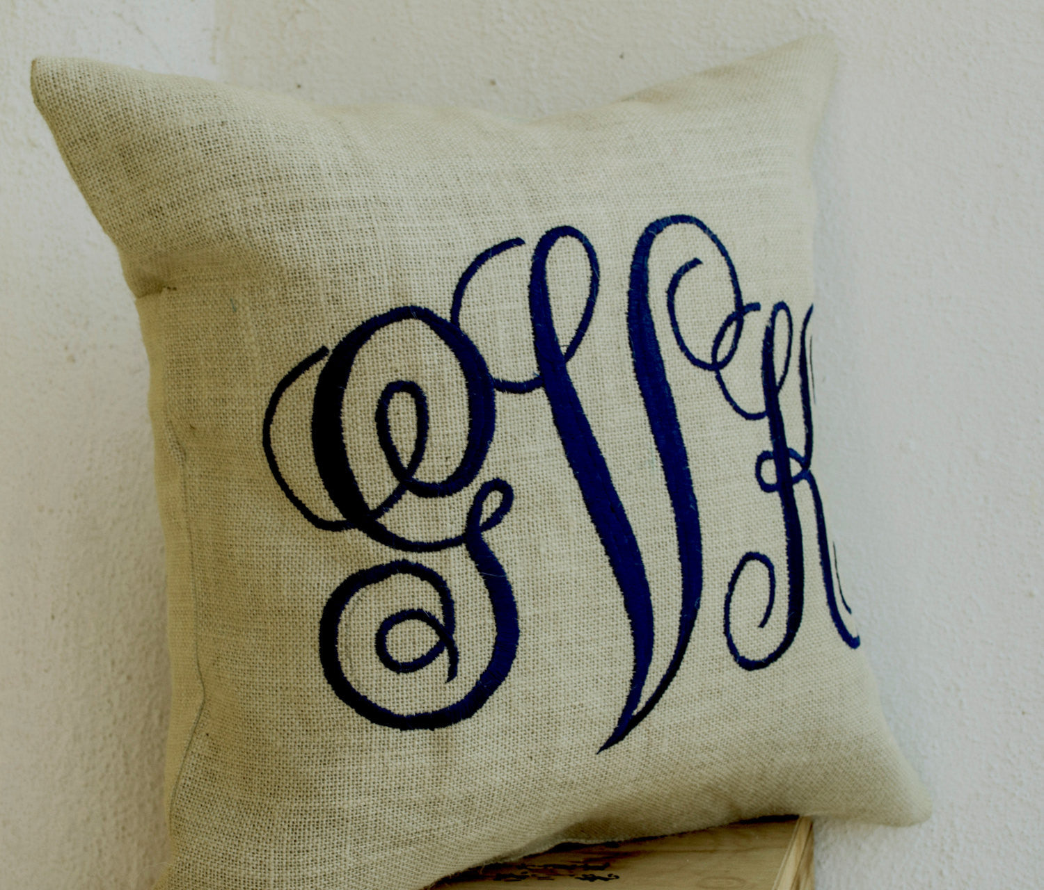 Handmade burlap ivory pillows with monogram