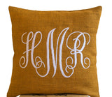 Handmade burlap mustard throw pillow with monogram				