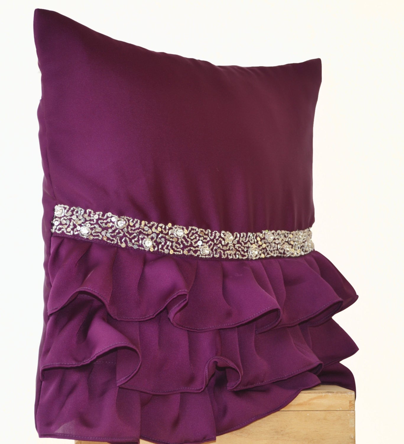 Handmade purple throw pillow with sequin and ruffles