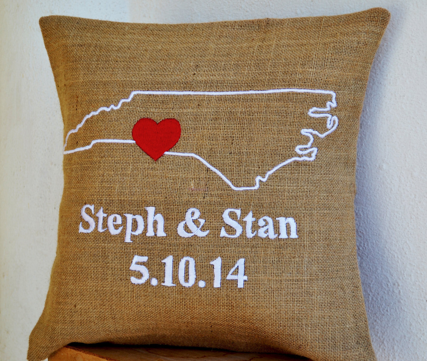 Handmade burlap pillow case with state embroidery