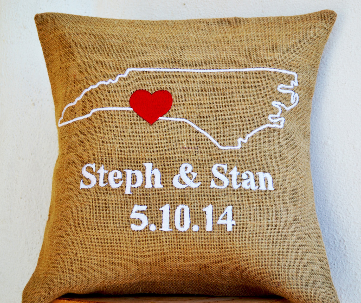 Handmade burlap pillow case with state embroidery