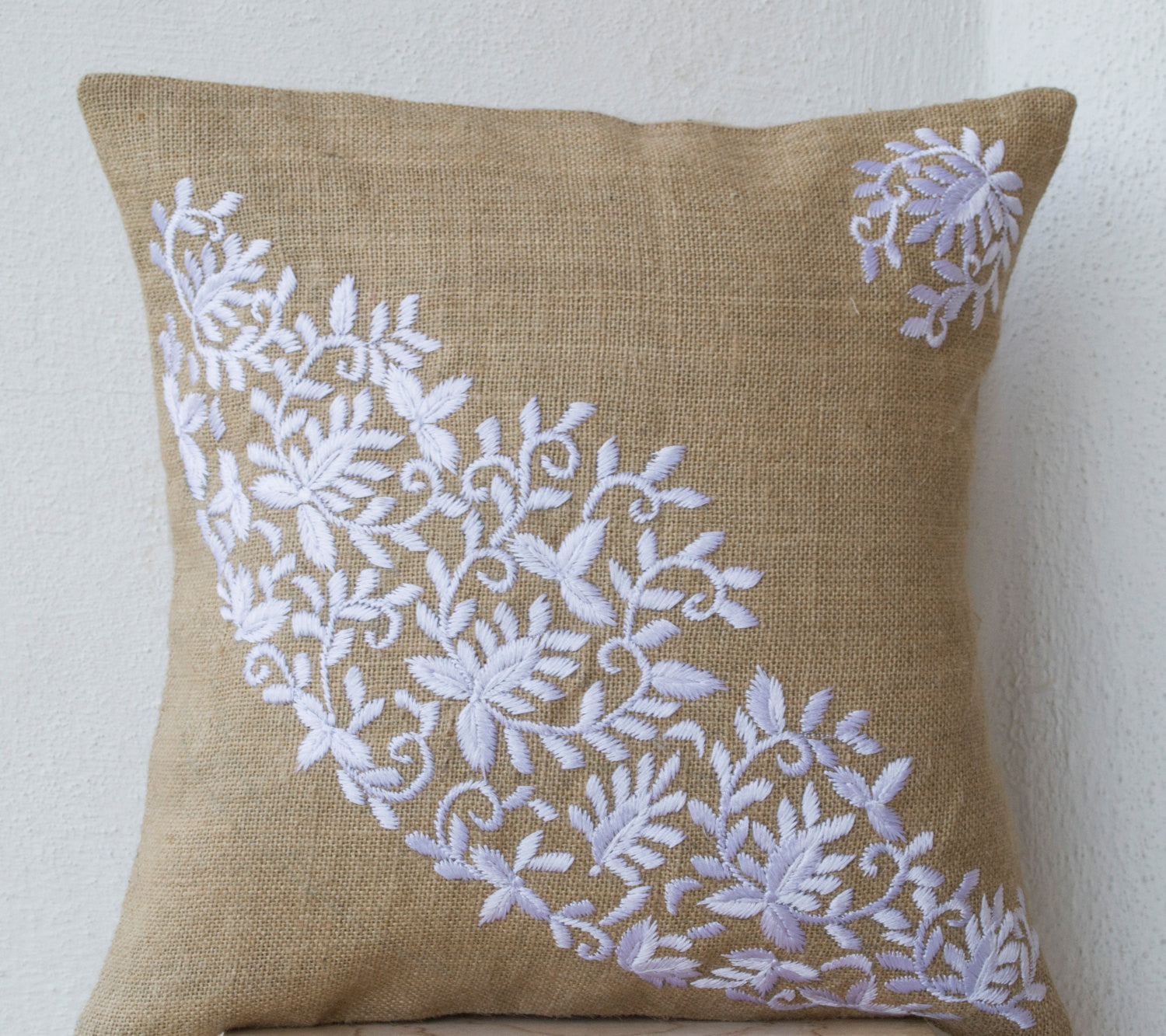 Burlap Pillows Embroidered White flower Leaves Cushion For A Modern Decor