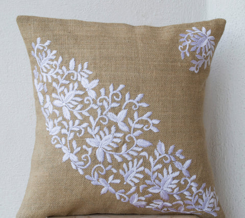 Handmade burlap pillows with white flower leaves embroidery