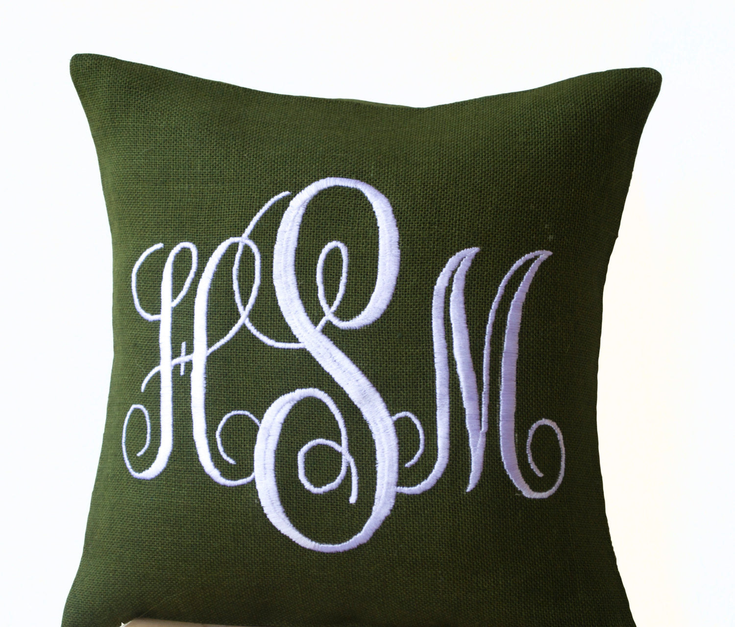 Handmade green burlap pillows with monogram