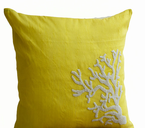 Handmade yellow silk pillow cover with white coral embroidery