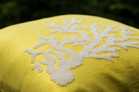 Handmade yellow silk pillow cover with white coral embroidery