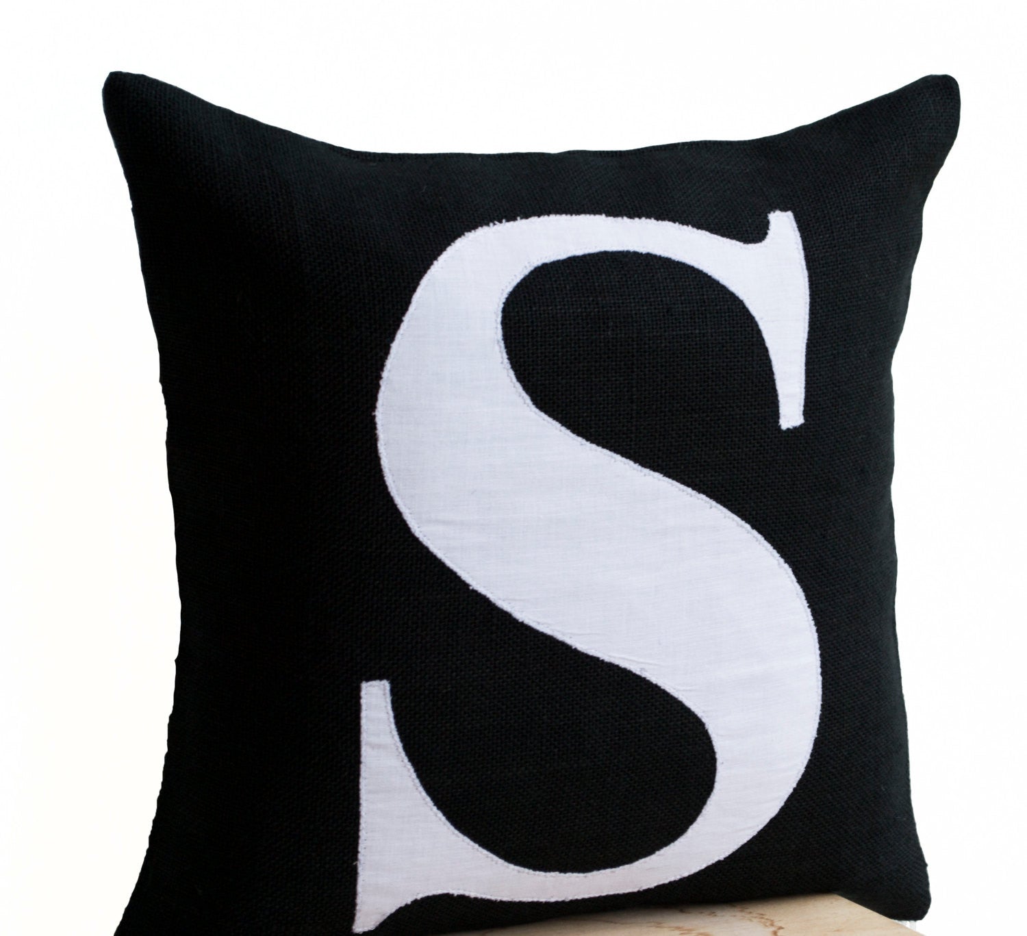 Black monogram burlap pillow