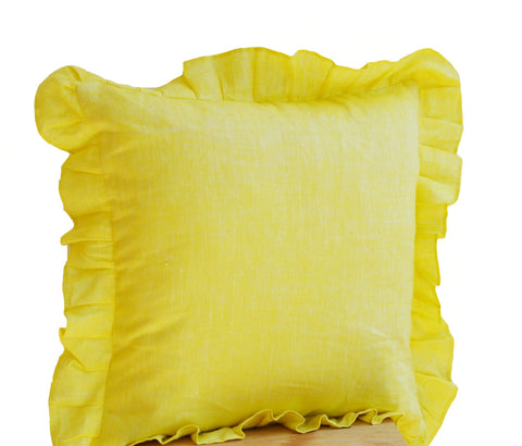Handmade sunshine yellow throw pillows with ruffles