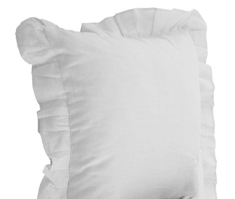Handmade pure white linen throw pillows with ruffles