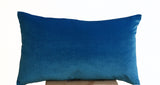 Handmade lush blue velvet throw pillows in oatmeal linen