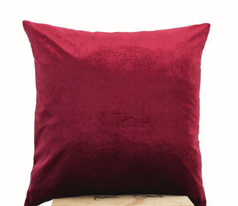 Handmade red velvet pillow in oatmeal linen