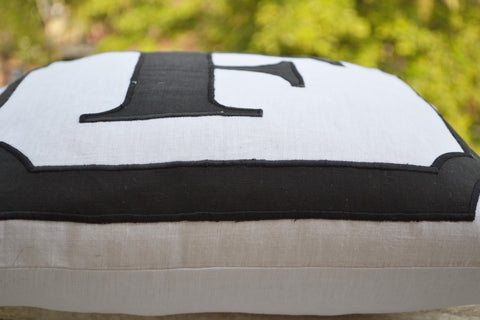 Handmade white linen monogrammed initial pillow