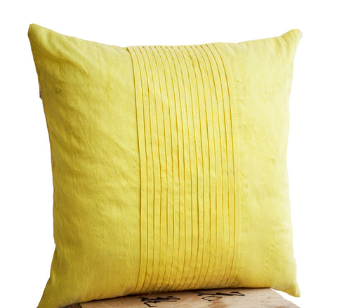 Handmade yellow art silk cushion with rippled pin tuck pattern