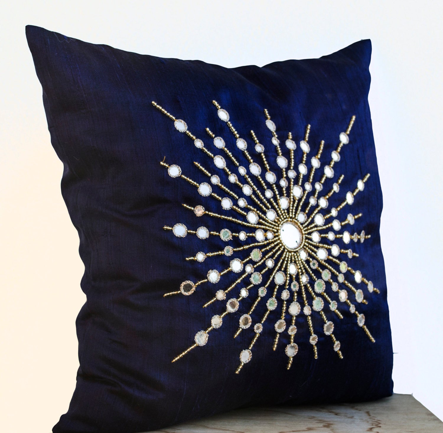 Handmade navy blue silk pillows with mirror embroidery