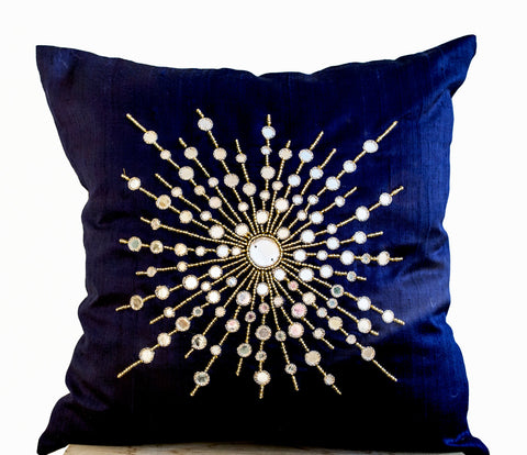 Handmade navy blue silk pillows with mirror embroidery