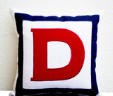 Handmade white red navy blue throw pillow with monogram