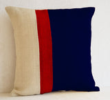 Handmade burlap navy blue cushion cover with color block