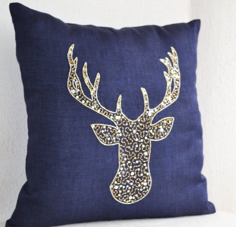 Deer/stag design pillow cover with gold, silver sequin