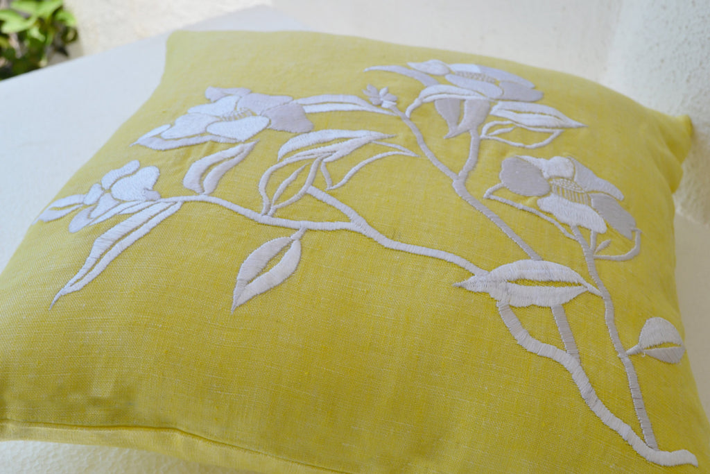 Shop online for handmade yellow flower pillow cover with embroidery Amore Beauté