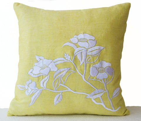 Handmade yellow flower pillow cover with Embroidered