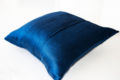 Handmade dark blue silk throw pillow with rippled pin tuck pattern