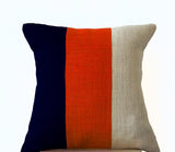 Handmade orange ivory throw pillow with color block
