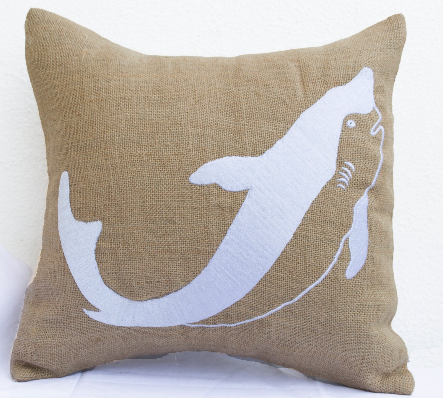 Handmade shark embroidered beige white throw pillow