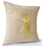 Handmade gold embroidered burlap pillow covers