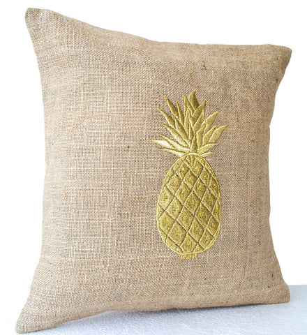 Handmade gold embroidered burlap pillow covers