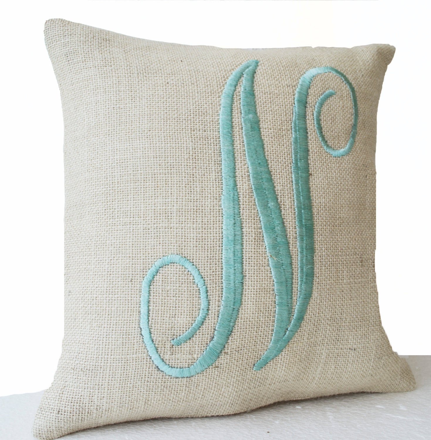 Buy handmade burlap ivory pillow with mint embroidery and monogram