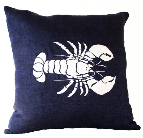Handmade linen navy white pillow cover with lobster design