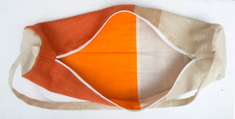Handmade orange burlap yoga bag with color block and monogram