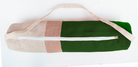 Handmade green burlap yoga mat bag with color block