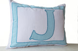 Handmade cotton pillow cover with white blue letter design