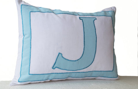 Handmade cotton pillow cover with white blue letter design