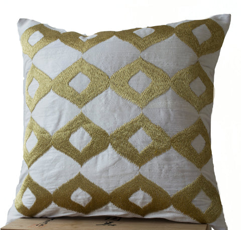 Handmade white gold silk pillows with ikat embroidery