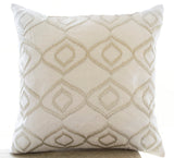 Handmade white silk cushion cover with ikat embroidery