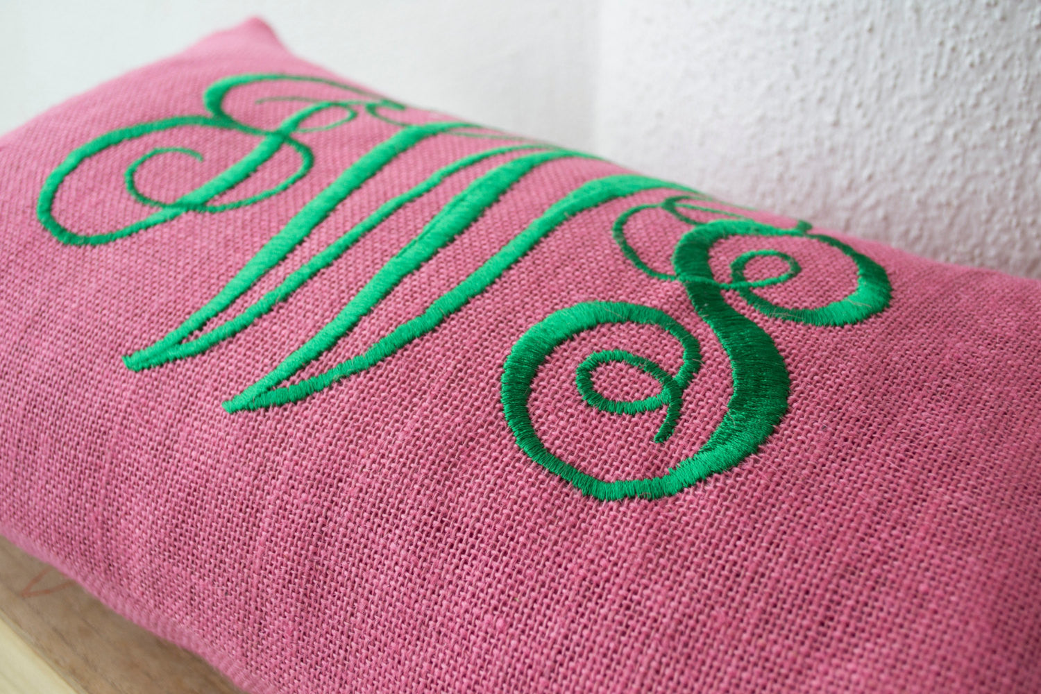 Handmade pink burlap throw pillow cover with monogram