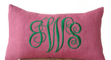 Handmade pink burlap throw pillow cover with monogram